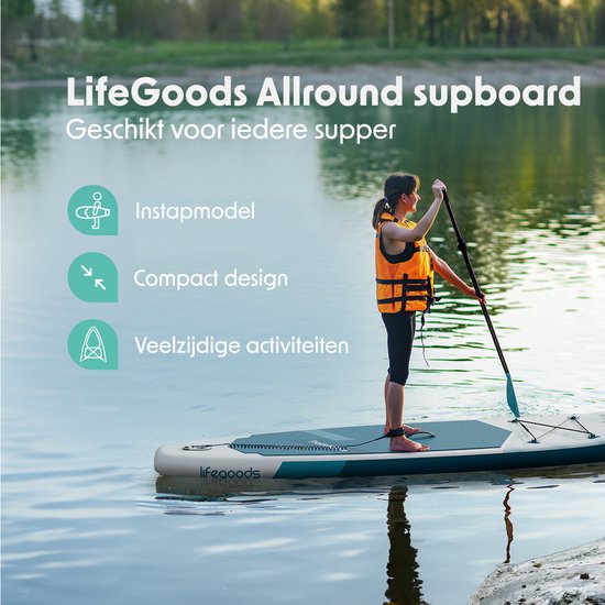 LifeGoods SUP Board All-round Compact - Capacité de charge 100 KG - 300 x 76 cm - Gonflable - Ensemble complet de SUP - Blanc/Aqua profond