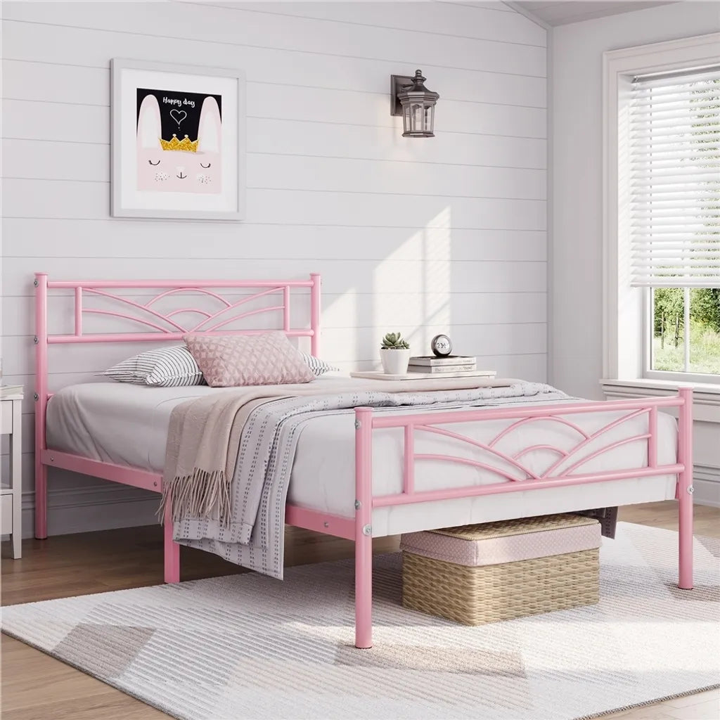 Yaheetech - Cadre de lit en métal 90 x 190 cm - Rose pâle - Lit simple avec tête de lit à motif nuages