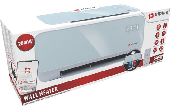 alpina Chauffage électrique et ventilateur - Chauffe-ventilateur avec Wifi - Convecteur mural 2000W - Ventilateur mural avec App Control - Thermostat réglable et fonction minuterie - Blanc