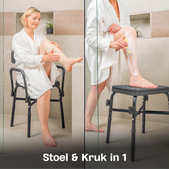 Sanicraft® Chaise de douche - Tabouret de douche avec accoudoir et support de pommeau de douche - chaise et tabouret en 1 - hauteur réglable - pieds antidérapants - noir