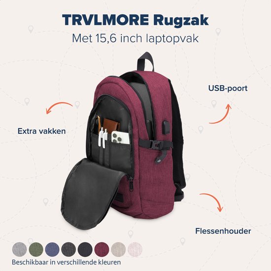 TRVLMORE Sac à dos avec durée de vie - Sac à dos avec compartiment pour ordinateur portable de 15,6 pouces - Cartable - Résistant aux éclaboussures - Hommes et femmes - Garçons et filles - 25L - Bourgogne