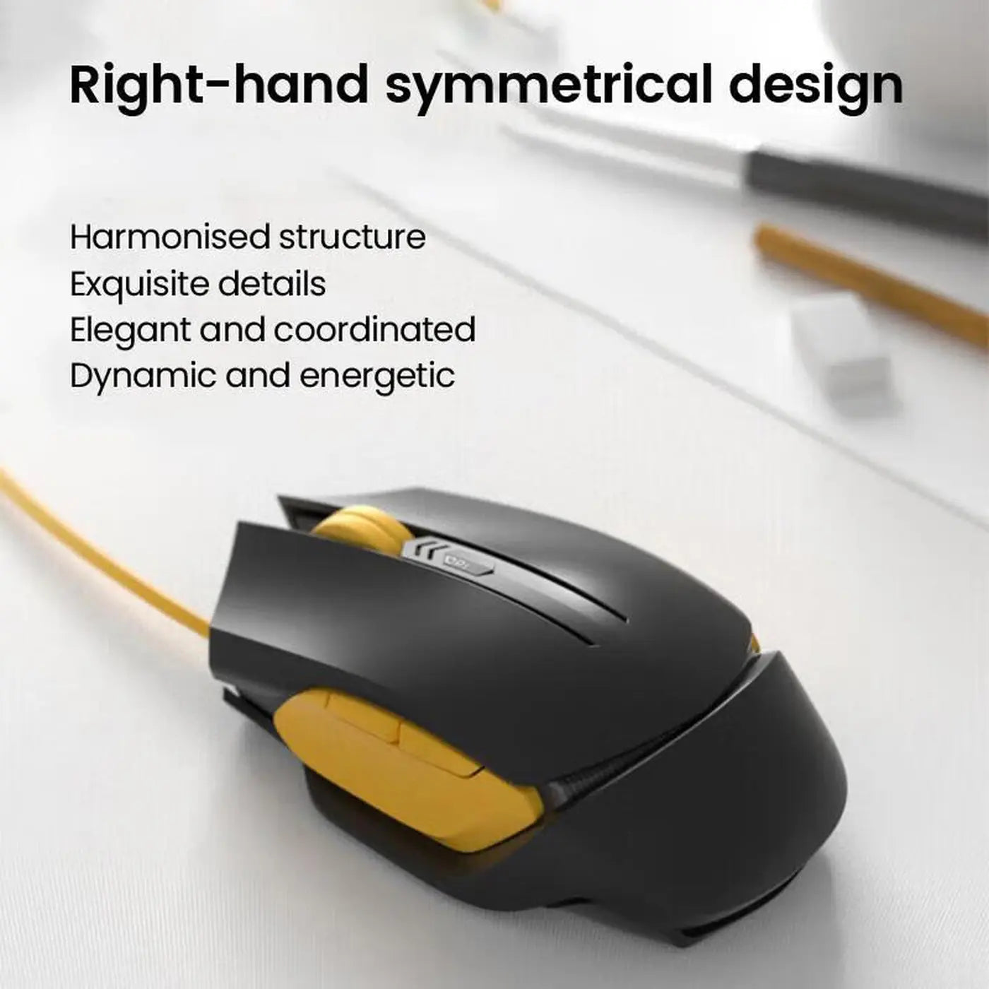 Souris filaire Ochama - Noire et jaune - Ergonomique - Capteur optique - Fréquence de sondage de 1 000 Hz - 4 niveaux de DPI