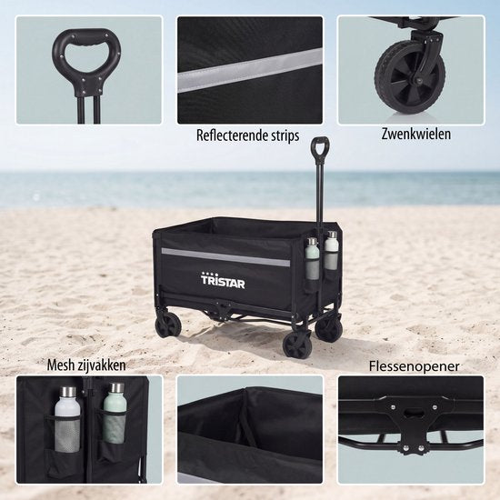 Chariot pliable Tristar – 120 L – Capacité de charge de 100 kg – Acier – Roulettes pivotantes – Chariot pliable avec hayon – Housse imperméable incluse – Compact – Festival – HC‑0917