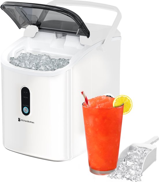 KitchenBrothers Nugget Ice Cube Maker - 1.1L - Machine à glace pilée avec pelle à glace - Portable - 15kg/24 heures - Blanc