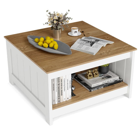 Table basse Coast en bois - 2 niveaux - Espace de rangement - Naturel et blanc - 80 x 80 x 45 cm