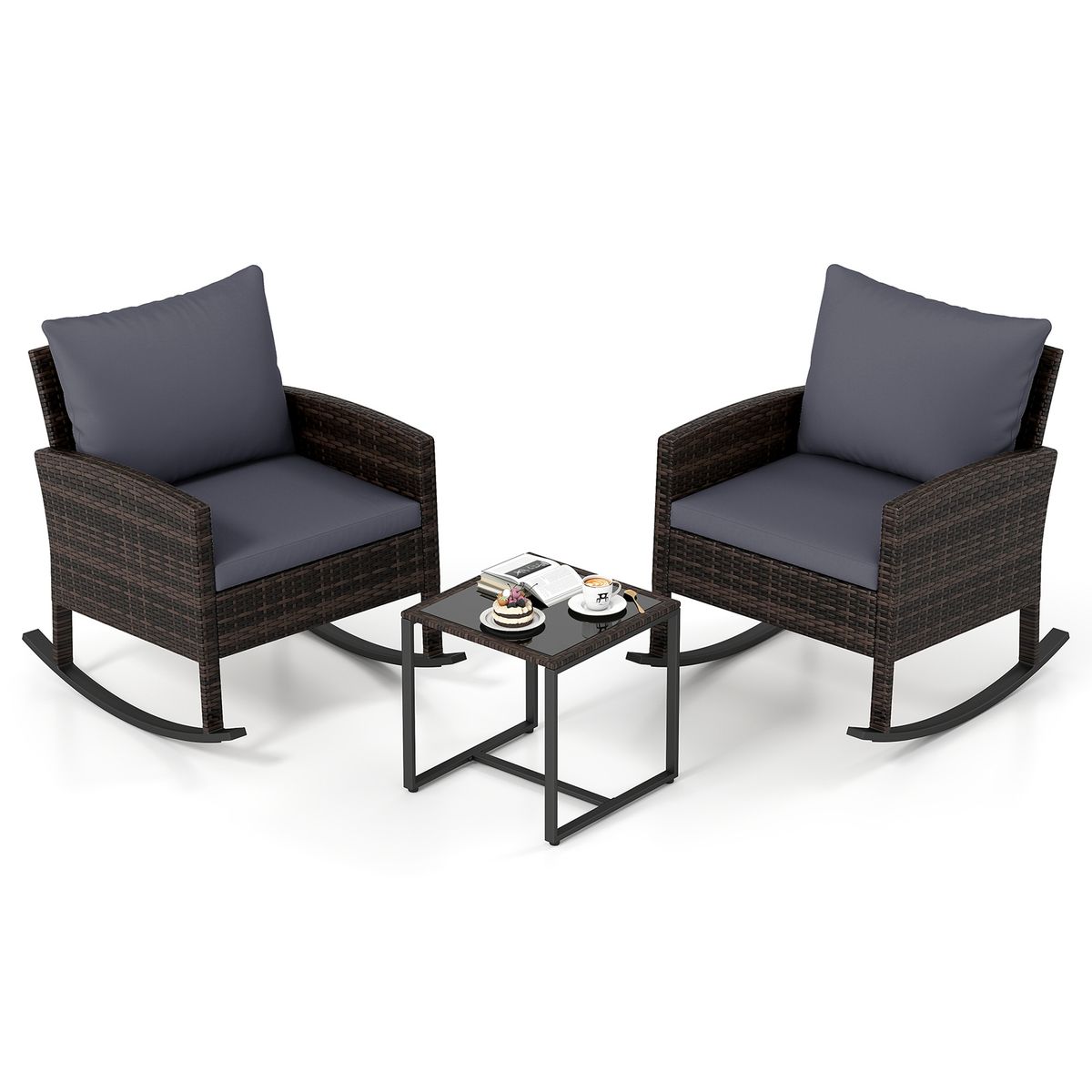 Ensemble de jardin Coast 3 pièces - 2 fauteuils à bascule et une table d'appoint - rotin tressé à la main - gris