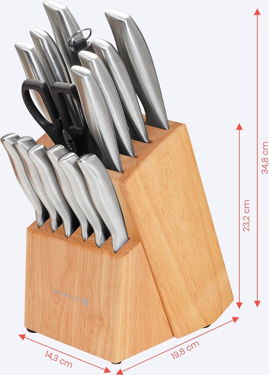 KitchenBrothers Set de couteaux - Bloc de couteaux - 16 pièces - avec ciseaux et acier d'affûtage - Bois de caoutchouc