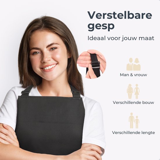 Tablier de cuisine - Résistant à l'eau et à la saleté - Tablier de cuisine professionnel - Tablier pour femmes et hommes - Tablier de traiteur - Unisexe - Boucle réglable - Compartiments extra-larges - Noir