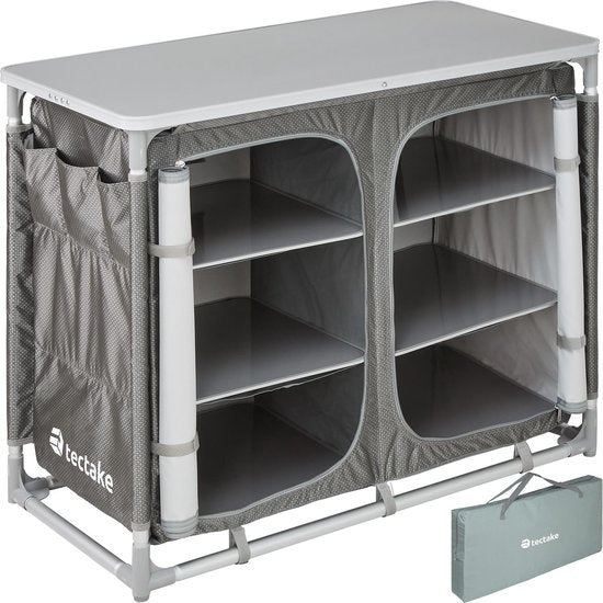 tectake® - Armoire de camping 97x47,5x78cm - Pliable - Compartiments verrouillables - Plans de travail robustes - Poches latérales pratiques - gris