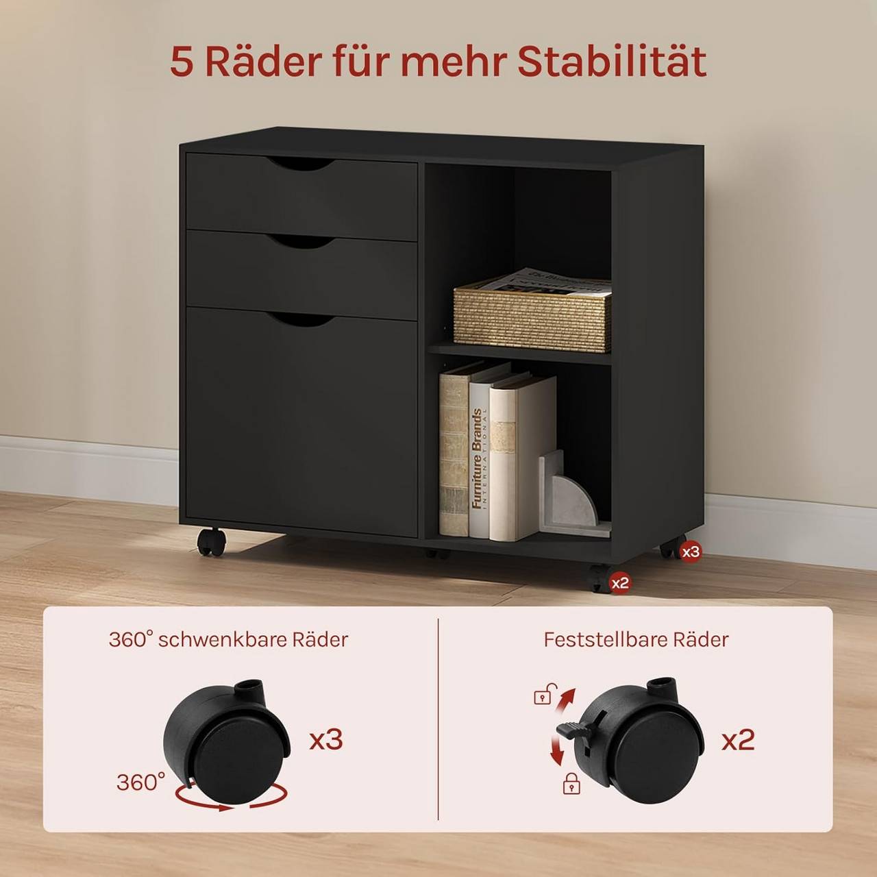 Armoire à dossiers Woltu - Sur roulettes - 3 tiroirs - 80 x 70 x 40 cm - Noir