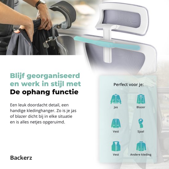 Backerz - Chaise de bureau ergonomique - hauteur d'assise 44-56 cm et certifiée EN1335 - équipée d'accoudoirs 3D et d'un support lombaire réglable - pour le bureau et les jeux - polypropylène et maille blanche/grise