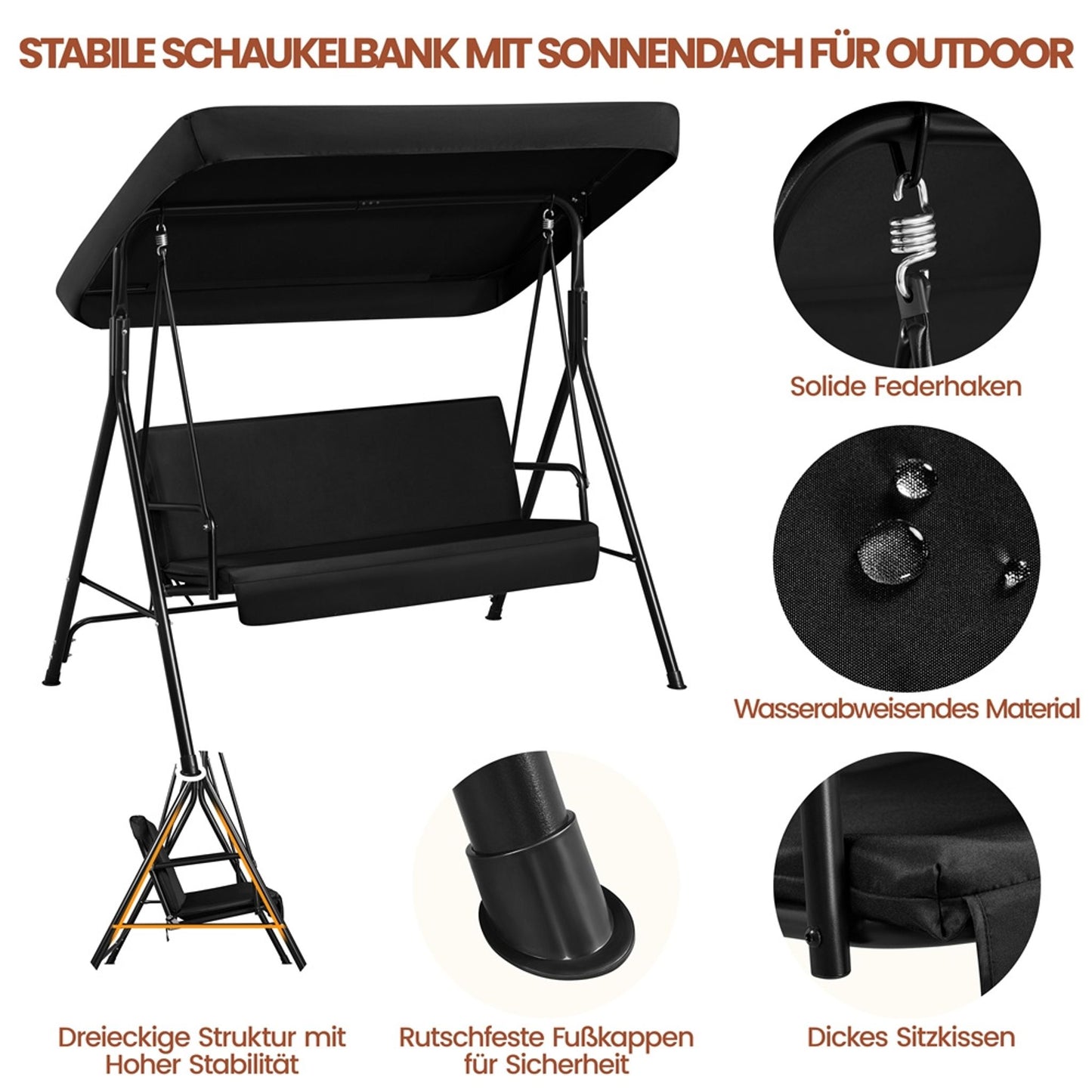 Balançoire Hollywood 3 places Yaheetech avec pare-soleil réglable - 170 x 112,5 x 162,5 cm - Noir