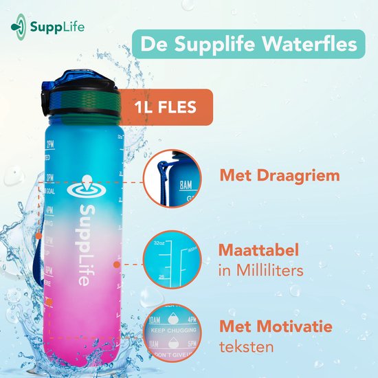 Gourde Supplife - 1 litre - avec paille - Motivation - Gourde de sport - Sans BPA - Bleu-rose