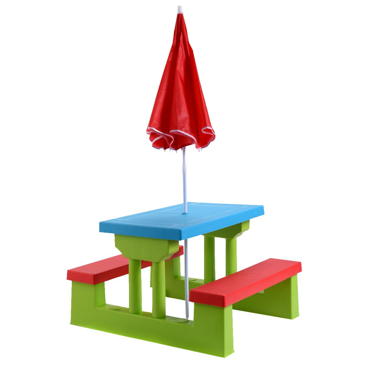 Coast Table de pique-nique pour enfants - Avec parasol - 2 bancs - Max. 50 kg - 67 x 41 x 47 cm - Rouge / Bleu / Vert