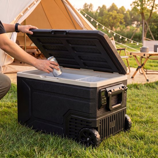 Glacière électrique Auronic - Compresseur - 64 L - 12 V et 240 volts - Réfrigérateur de camping - Glacière de voiture - Avec roulettes et poignée - Noir
