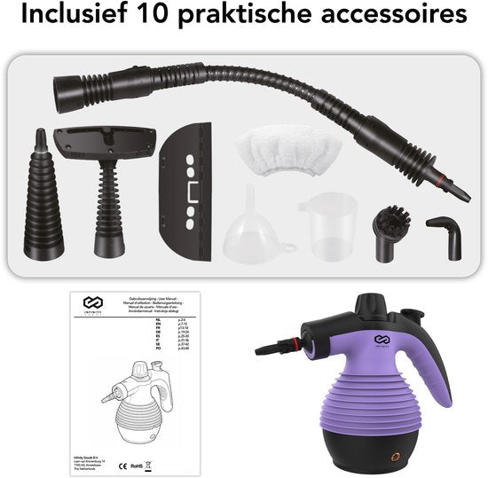 Nettoyeur vapeur Infinity Goods - Nettoyeur vapeur à main 12-en-1 - Nettoyeur vapeur portable - Détachant - Nettoyeur de tapis - 10 embouts - 1 050 watts - 3,2 bars - Violet