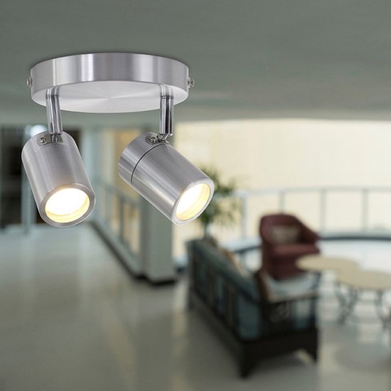 Spot à 2 faisceaux Upround 2487ST couleur acier - Orientable et inclinable - Design moderne - Ampoules incluses - Mexlite - Convient à un usage intérieur, IP44, profondeur max. 15 cm