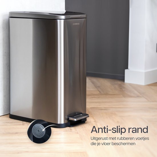 Deleca Trashcan Prestige - 50 Liter - Narrow - Stainless steel Dustbin / Waste Bin / Pedal Bin - With Foot Pedal and Slow Close - Matt Silver