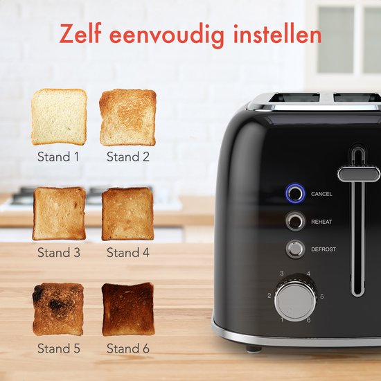 KitchenBrothers Grille-pain 6 niveaux de chaleur - Fentes larges - Grille-pain pour machine à sandwich - 870 W - Noir