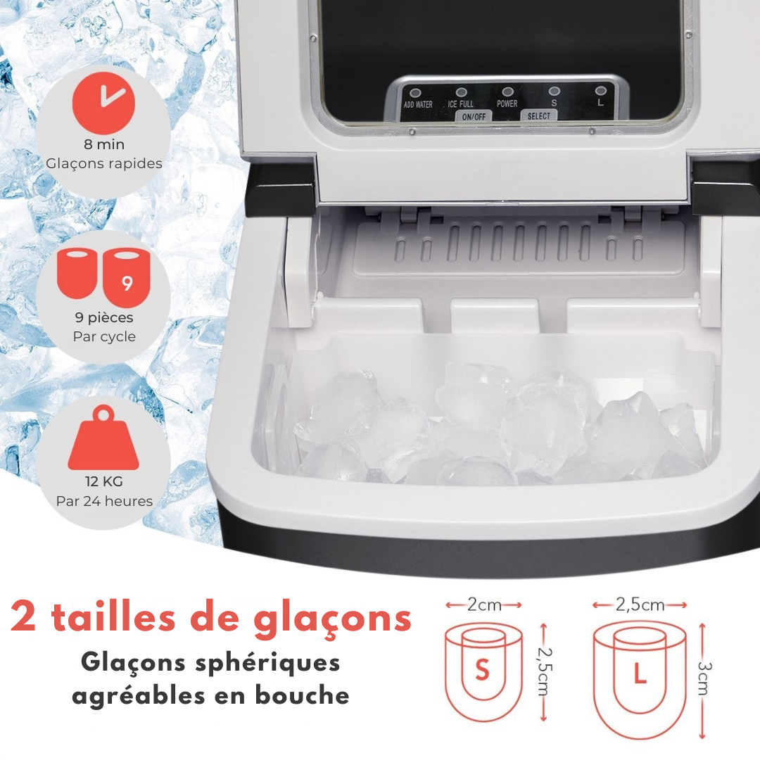 Machine à glaçons compacte et silencieuse KitchenBrothers - 2 litres - avec pelle à glace - Noire