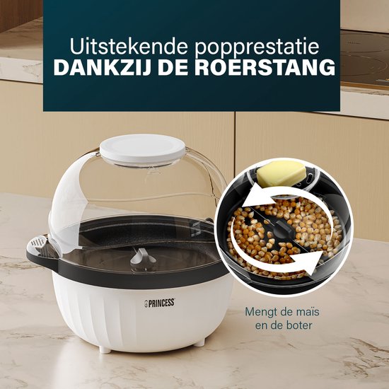 Princess 292980 Machine à pop-corn - Machine à pop-corn 450 W - Couvercle transparent - Bol de service - De forme ronde - Pop-corn croustillant et sain - Avec gobelet doseur - Avec plaque de fusion pour le beurre - Possibilité d'ajouter de l'huile - Fête