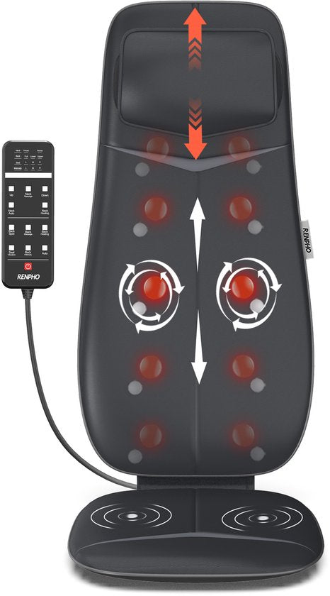 Coussin de massage shiatsu RENPHO - Massage complet du dos et de la nuque - Avec chaleur et vibrations - Zones et intensité réglables - Reconnaissance automatique de la hauteur - Convient à toute chaise - Idéal pour la maison ou le bureau