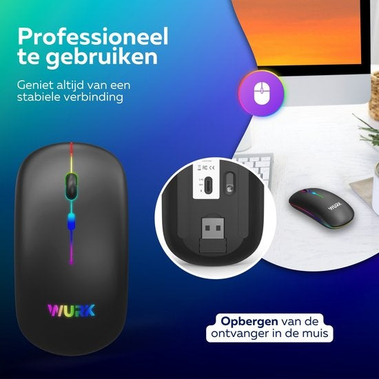 Wurk Wireless RGB Mouse - Rechargeable - Bluetooth 4.0 - 2.4GHz - USB - Sans fil - Souris d'ordinateur - Ordinateur portable - PC - Noir