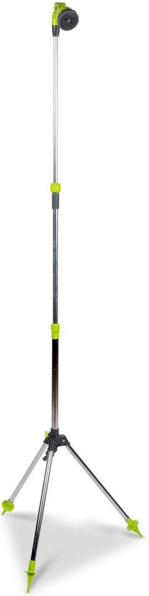 Kinzo Douche de jardin réglable - ⌀56 x 160/220CM - Trépied, pomme de douche et raccord pour tuyau d'arrosage inclus - Plastique/Aluminium - Vert/Argent