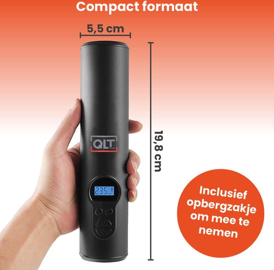 QLT Wireless Air Compressor with LED Lighting - Electric Pump - Includes USB Charging Cable and 4 Attachments - 10.3 Bar - LCD display - Black