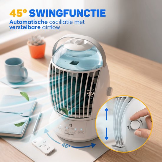 Vulpes Goods® Tech - Mini climatiseur ELITE - Refroidisseur d'air mobile avec télécommande - Refroidisseur d'air 6 en 1 - 3 modes d'humidification avec fonction oscillante - 3 vitesses de ventilation - 100 % anti-fuites - Câble et adaptateur fournis - Pou
