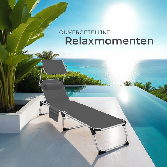 tectake® Lounger Aurelie avec toit solaire et coussin - Lounger - Bain de soleil - Bain de soleil de balcon pliable en aluminium - Bain de jardin résistant aux intempéries pour le jardin, le balcon, le camping et la plage - Dossier réglable avec coussin -