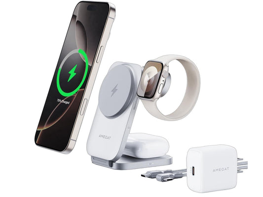 Station de recharge AMEGAT 3-en-1 MagFusion Z - Qi2 - 15 W - MagSafe - Pliable - Adaptateur 30 W inclus