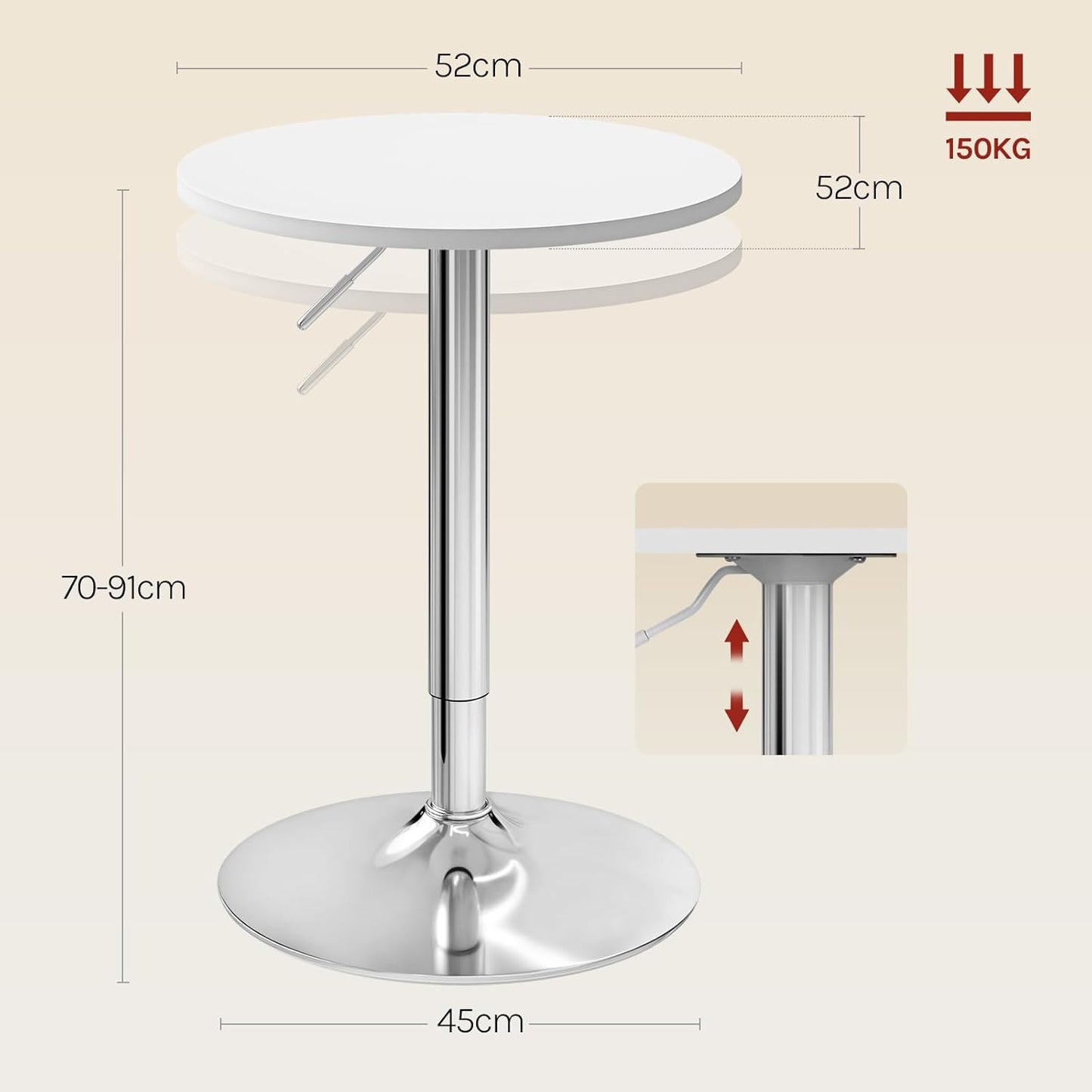 Table de bar réglable WOLTU - Ø 52 cm - Hauteur 70-91 cm - Pivotante - Pied chromé Ø 45 cm