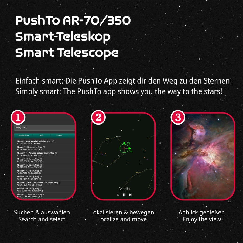 Télescope Bresser ISA Space Exploration NASA PushTo AR 70/350 Smart – Réfracteur de 70 mm avec application et filtre solaire