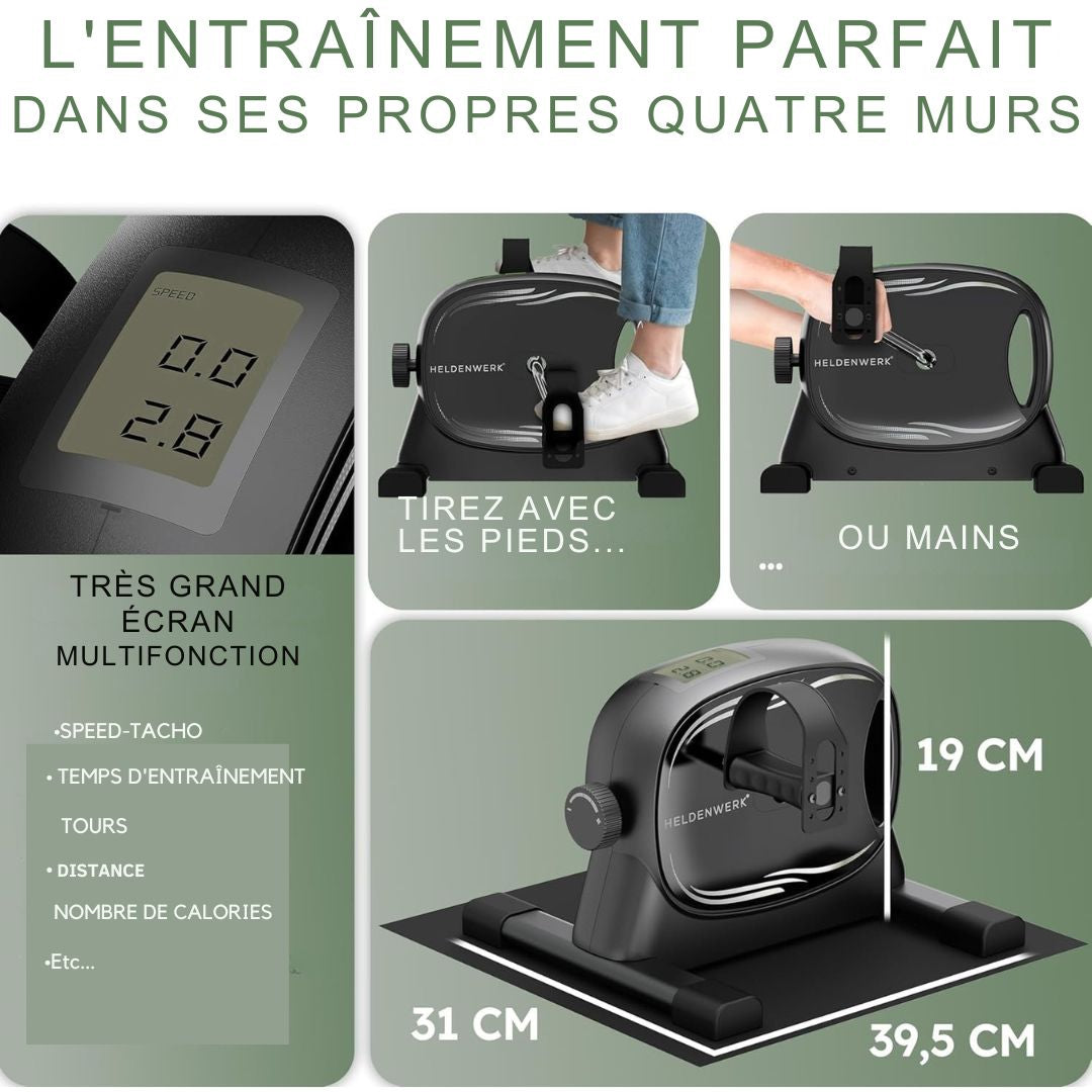 Pédalier HELDENWERK - 40x35x30 cm - Acier et plastique - Sangle de fixation et tapis antidérapant inclus - Entraînement des bras et des jambes pour la maison - Vélo d'exercice idéal pour les personnes âgées - HW-PT-100 - noir