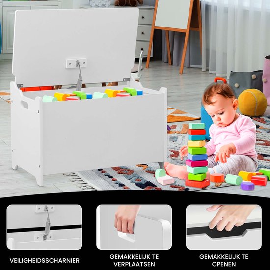 Oemmie Coffre à jouets - Coffre de rangement - Coffre de rangement - Coffre de rangement - Coffre de rangement enfants - 60x40x37cm - Charnières de sécurité - Blanc
