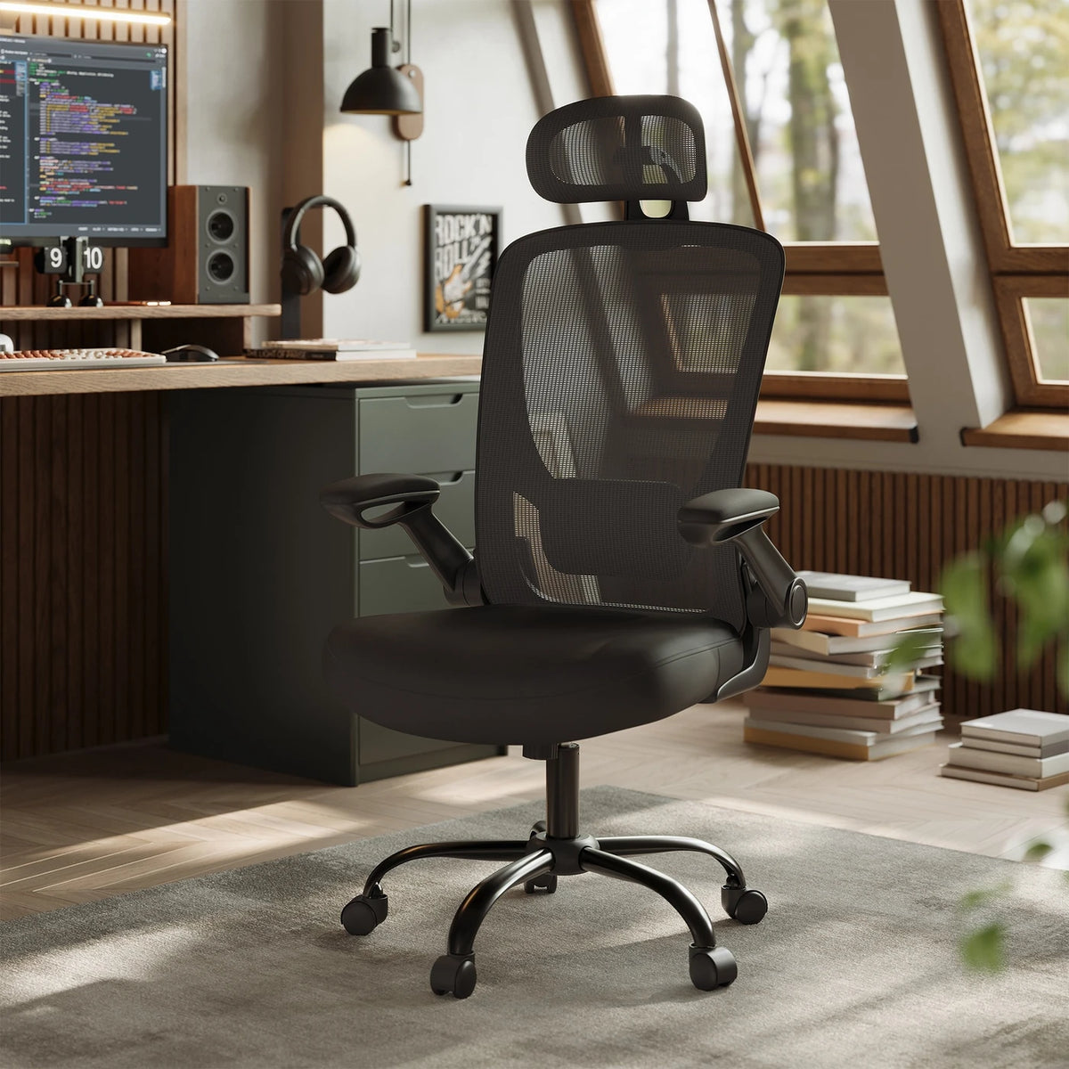 Chaise de bureau ergonomique Joyfurnos en maille - Soutien lombaire et appui-tête réglables - Fonction d'inclinaison - 64 x 64 x 115-130 cm - Noir d'encre