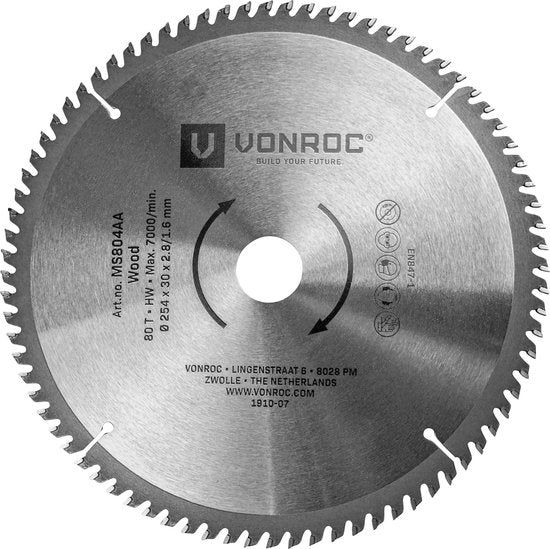 Lame de scie VONROC - Ø254MM - 80 dents - pour le bois - convient aux scies à tronçonner et aux scies à table