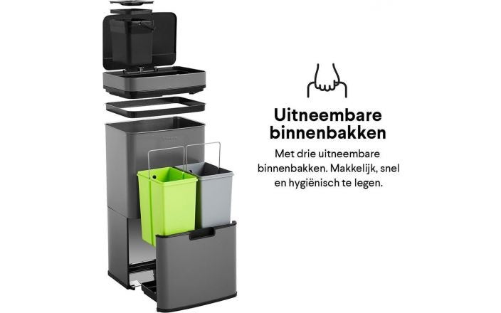 Homra NEXO Poubelle Séparation des déchets 3 compartiments - 72 litres (2x12 + 48 L) avec capteur infrarouge - Design Trio Poubelle Acier inoxydable - Gris