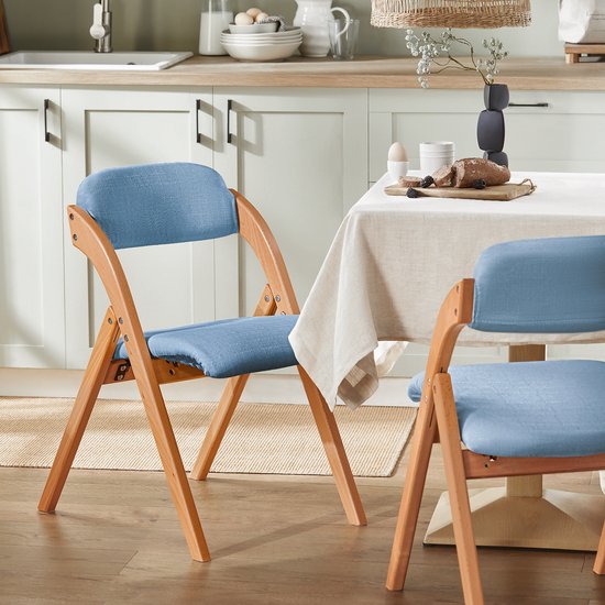 SoBuy Chaise pliante en bois avec coussin d'assise rembourré, chaise de bureau, chaise de salle à manger, Nature/Bleu, 47,5x77x59 cm, FST92-BL - pour salle à manger, balcon ou bureau