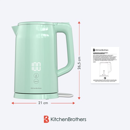 KitchenBrothers Bouilloire - 1,7L - Avec contrôle de la température - Électrique - Fonction maintien au chaud - Affichage - Double paroi - Cool-touch - 2200W - Vert pastel