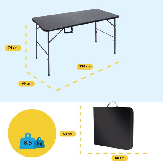 Table pliante BRASQ noire - 120 x 60 x 74 cm - Table de camping - Table pliante - Pliable - Résistante aux intempéries