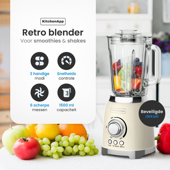 KitchenApp Retro Blender 1.5L - Cruche en verre - 800W - Glace pilée, Smoothie & Pulse - Beige