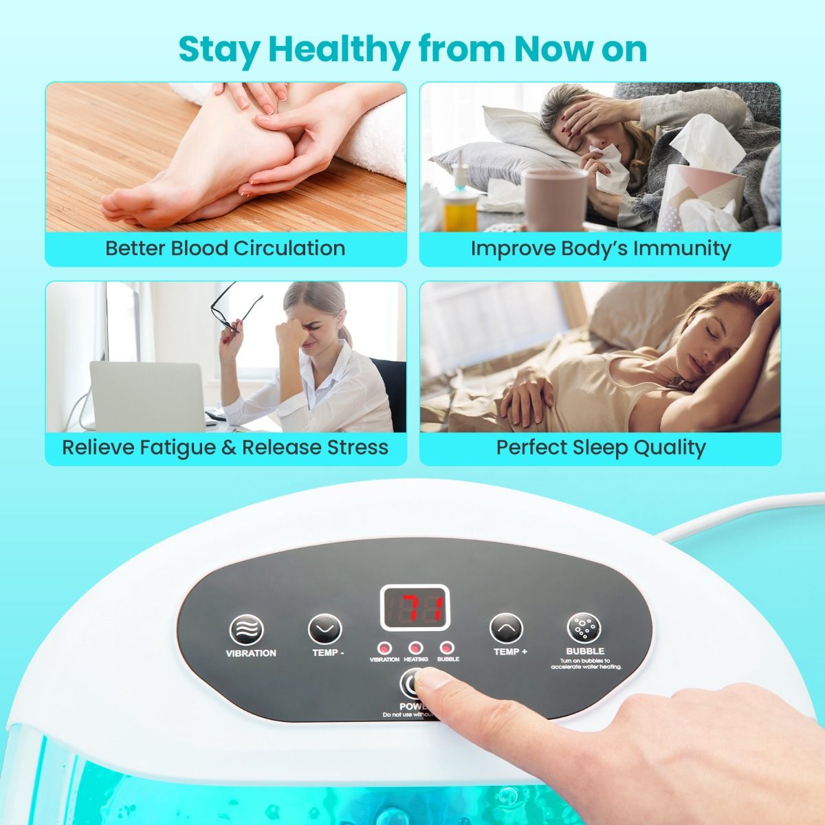Coast Bain de pieds électrique avec fonction massage - 500W - 33 x 39 x 18 cm - Bleu