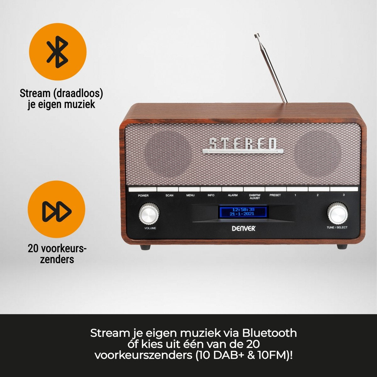 Denver DAB Radio - Retro Radio XL - DAB+/ FM Radio - Bluetooth - Dimmable - 100W - Batteries & secteur - DAB36 - Bois