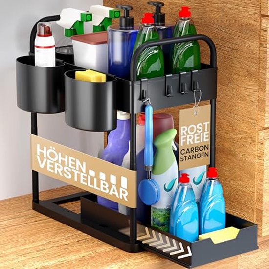 HELDENWERK Etagère d'évier pour meuble bas d'évier, réglable en hauteur sur 2 niveaux en noir, rangement de cuisine, meuble bas, étagère à épices, rangement de meuble bas d'évier