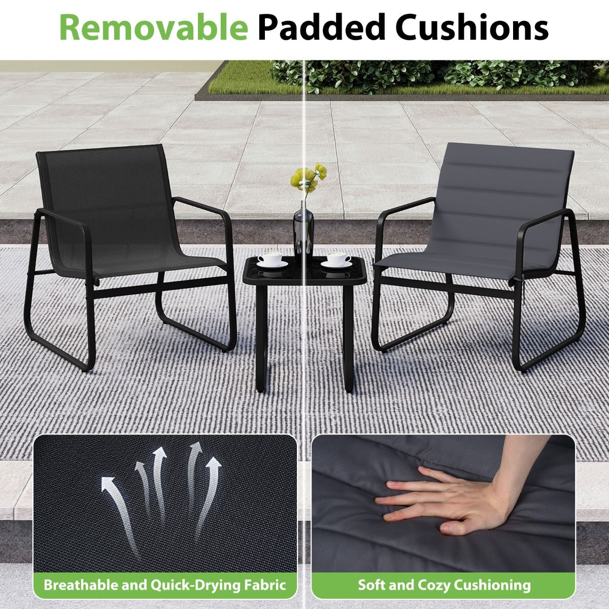 Ensemble de jardin Coast 3 pièces - chaises d'extérieur avec coussins amovibles - table d'appoint en verre trempé - gris et noir