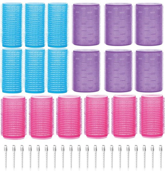 Set de 18 bigoudis - 20 pinces à cheveux incluses - Grandes - Sans chaleur - 3 tailles - bleu/rose