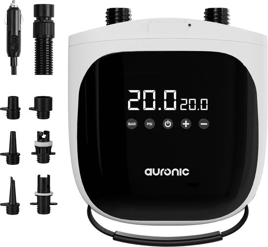 Pompe électrique Auronic pour SUP 12 V - 20 PSI - Pompe à air pour planche de SUP, kayak, matelas gonflable et tente - Régulation automatique de la pression - Gonflage et dégonflage - Blanche