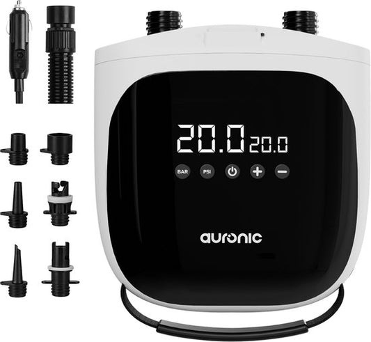 Pompe électrique Auronic pour SUP 12 V - 20 PSI - Pompe à air pour planche de SUP, kayak, matelas gonflable et tente - Régulation automatique de la pression - Gonflage et dégonflage - Blanche
